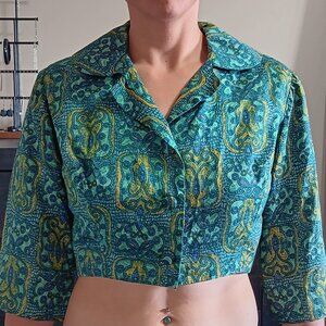Vintage Green Yellow Blue Patterned Cropped Shirt Top Notched Collar Home Made